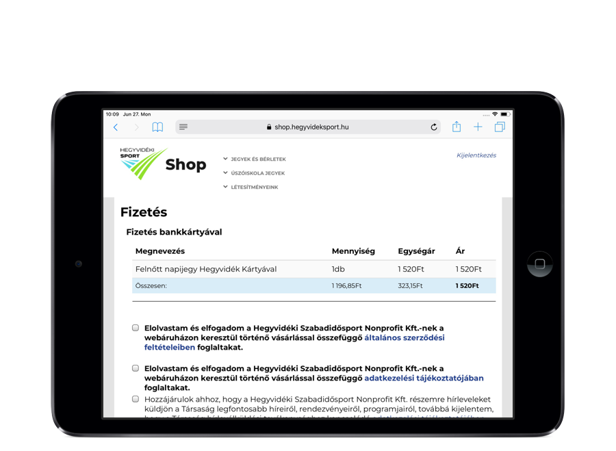 Hegyvidék Sport webshop képernyő
